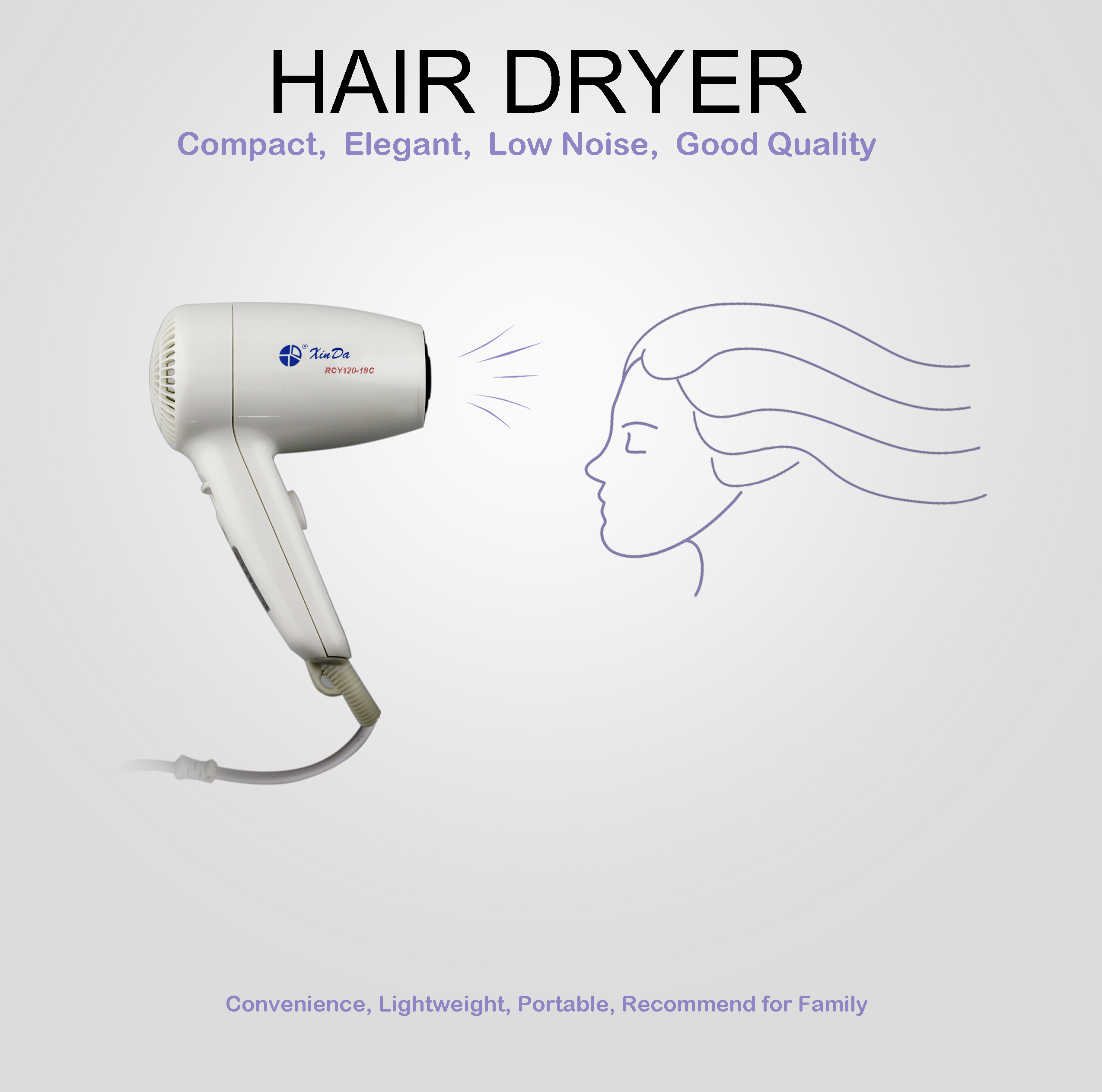 O secador de cabelo elétrico XinDa RCY-120 18C para eletrodomésticos e secador de cabelo de estudante