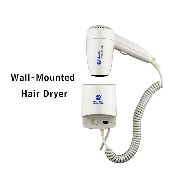 O secador de cabelo elétrico XinDa RCY-120 18A impresso personalizado para banheiro de hotel montado na parede para secador de cabelo de 1200 W